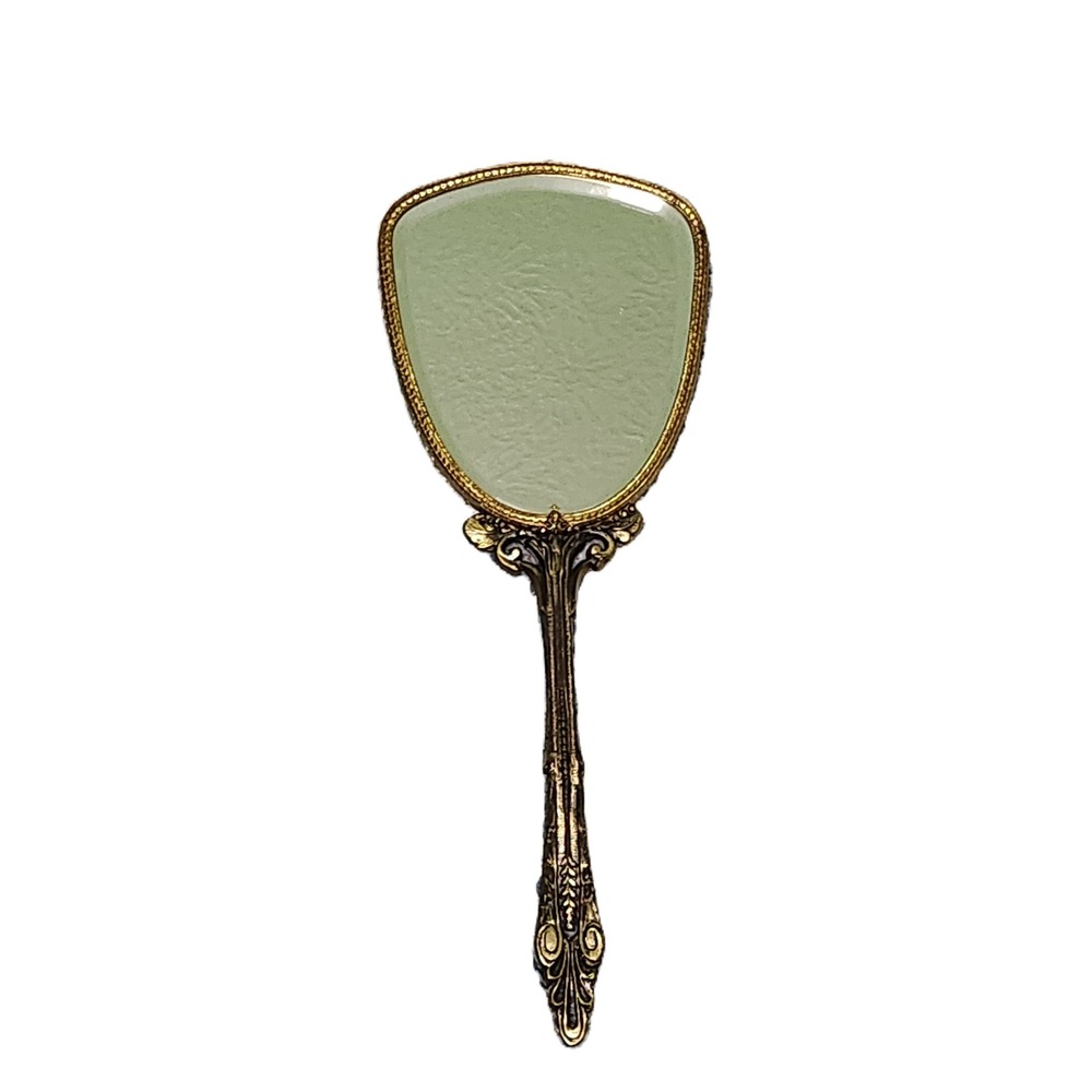 Vintage Ornate Gold Tone Hand Mirror Cherub Cupid Motif Hollywood Regency Style